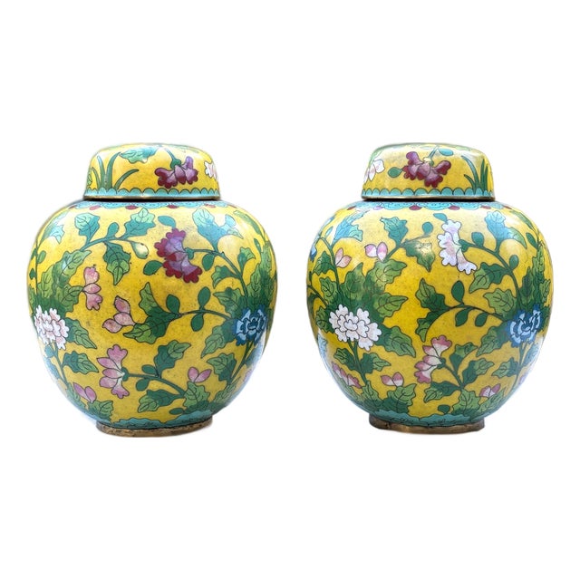 Antique Chinese Imperial Yellow Cloisonné Ginger Jars - A Pair (Republic Period) For Sale