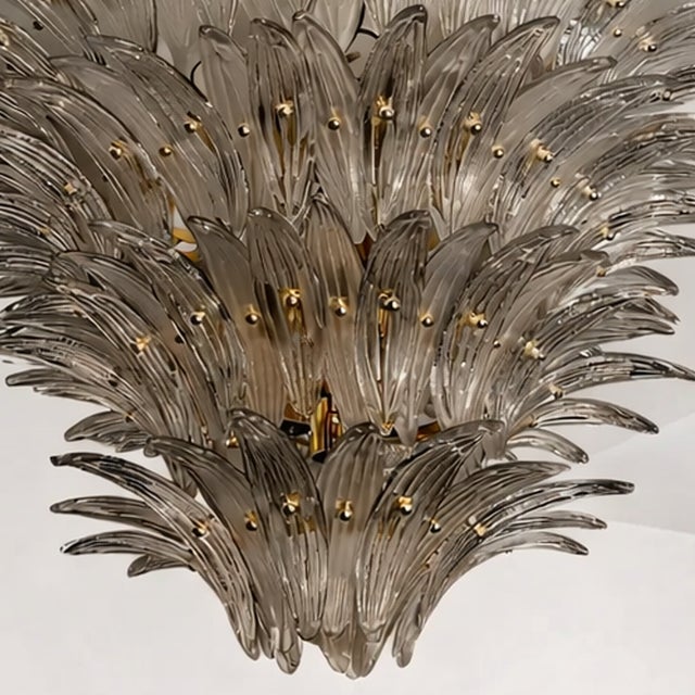 Mid-Century Modern Luxury Venetian Smoked-Fumè “Palmette” Murano Glass Plating Gold Chandelier For Sale - Image 3 of 4