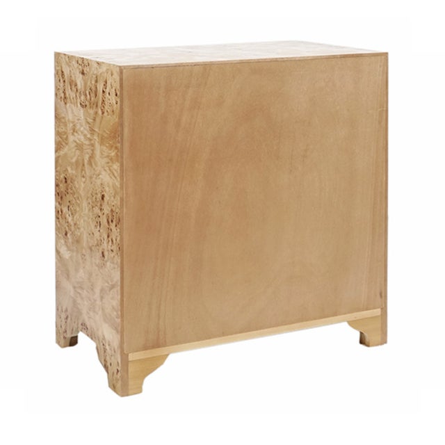 Matthew Izzo Home Calvin Light Burlwood Three Drawer Side Table With Acrylic and Brass Handles For Sale In New York - Image 6 of 7