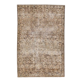 1960s Vintage Persian Distressed Handmade All-Over Beige Wool Rug For Sale