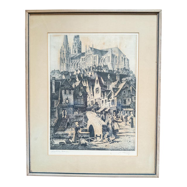20th Century American Engraving Print of Cathedral in Chartres France by Andrew Karoly For Sale