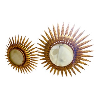 Large Spanish Sunburst Flush Mount in Gilt Metal, 1950, Set of 2 For Sale