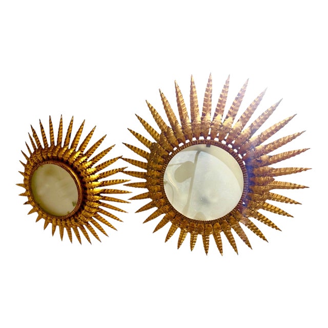 Large Spanish Sunburst Flush Mount in Gilt Metal, 1950, Set of 2 For Sale