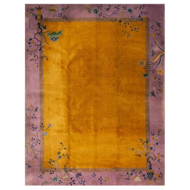 Saffron 1920s Yellow Saffron Floral Minimalist Antique Chinese Art Deco Carpet 9' X 11' 6'' by Nichols Workshop Rug For Sale - Image 8 of 8