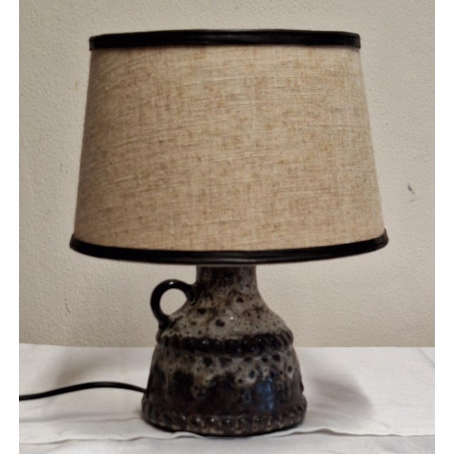 Textile Vintage Pan Table Lamp with Fat Lava Brown Ceramic Base and Beige Fabric Shade, 1970s For Sale - Image 7 of 9