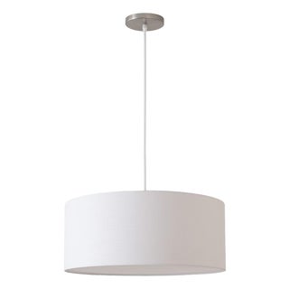 Stretch Pendant Light in Satin Nickel With White Linen Drum Shade, Dimmable, Modern Style For Sale