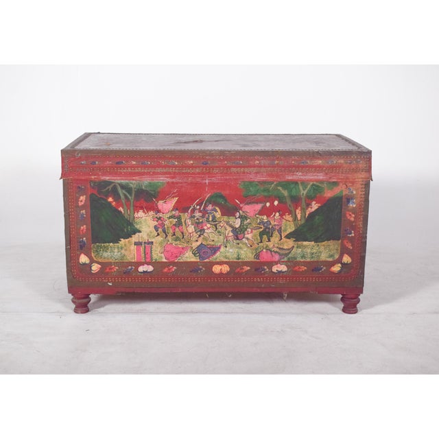 Large Antique Red Painted Chest with Figures For Sale - Image 4 of 11