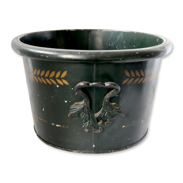 Exquisite antique toleware tub/basin, purchased in Coastal Maine. Painted in a deep green hue and adorned with elegant...