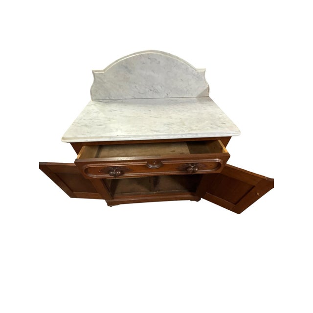 Victorian Antique Victorian Eastlake Walnut Marble Top Washstand With Carved Acorn Pulls, Circa 1880s For Sale - Image 3 of 11
