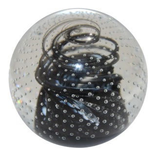 Mid-Century Modern Caithness Cauldron Paper Weight Controlled Bubbles & Black Swirl For Sale