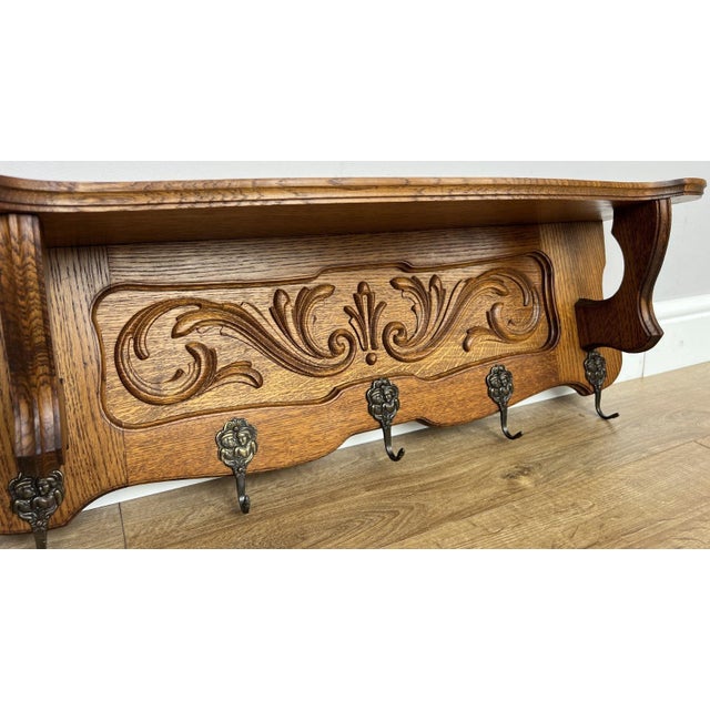 Vintage French Carved Oak Wall Mounted Hooks For Sale - Image 4 of 11