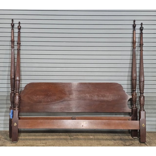 Store Item: Mahogany Rice Carved King Size Four Posts Bed Frame Description: Solid Mahogany bed frame features four carved...