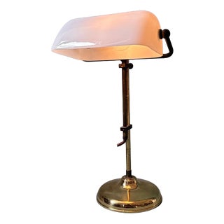 Vintage Bankers Lamp with White Glass Lampshade For Sale
