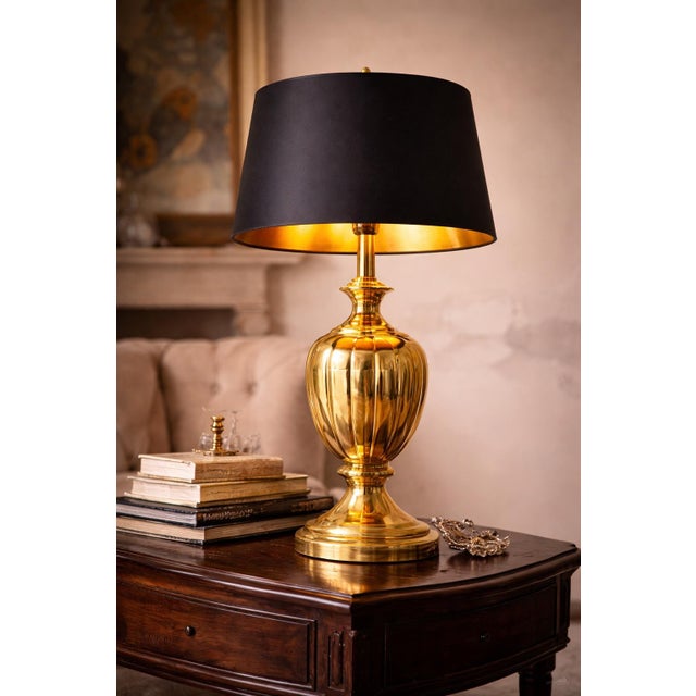 1960s 1960s Hollywood Regency Polished Brass Urn Table Lamp With Original Black Shade and Gold Interior For Sale - Image 5 of 7