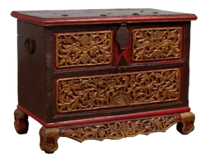 Antique Madura Hand Carved Wooden Blanket Chest with Red, Brown and Gilt Accents