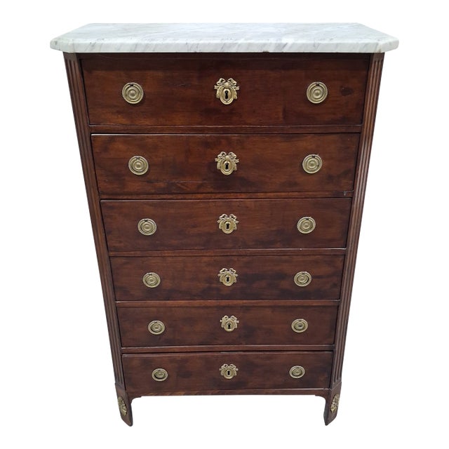 19th Century French Walnut Semainier Chest With Marble Top For Sale