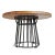 Handsome modern round teak wood dining table with black iron circular spindle base. Solid teak wood top is 2” thick with...