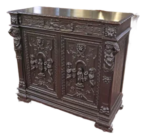 19th Century Ebonized Oak Renaissance Revival Atlas Server Chest Cabinet