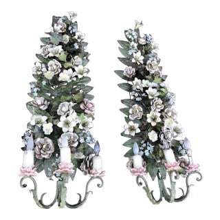 Vatican Scale French Flower Garland 3 Armed Wall Sconces 48" For Sale