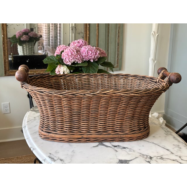 Mid 20th Century Vintage French Wicker Basket With Turned Wood Handles & Wood Slatted Base For Sale - Image 5 of 16