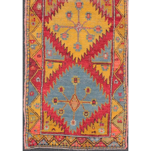 Tribal Vintage Turkish Oushak Runner With Bold Gold, Red, and Sky Blue Medallions For Sale - Image 3 of 13
