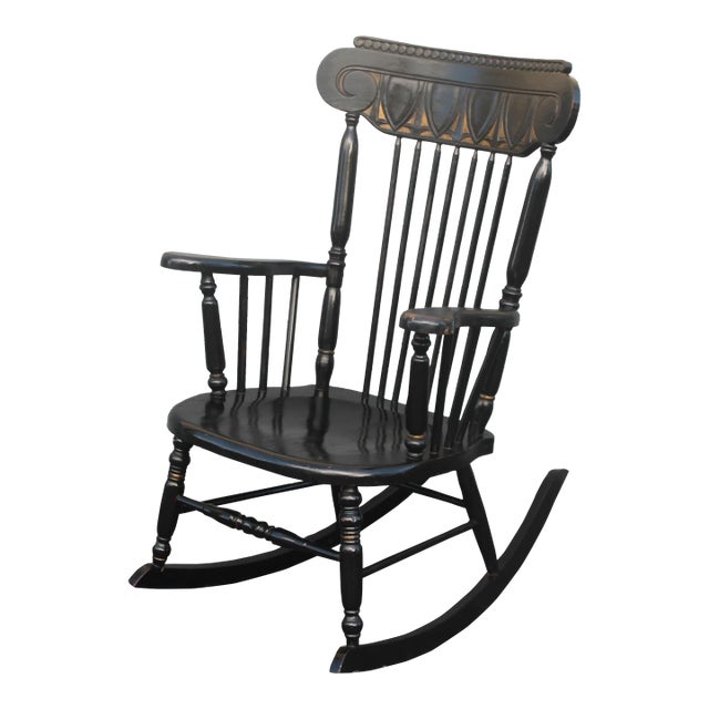 1920's Neoclassical Style Carved Wood Ebonized With Gilt Rocking Chair For Sale