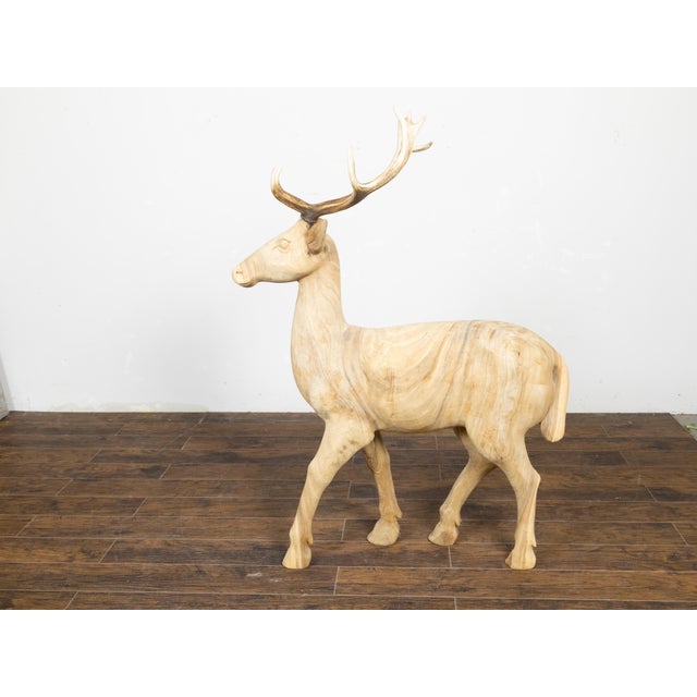 Bone Vintage Midcentury Sculpture of a Walking Stag with Antlers and Natural Patina For Sale - Image 7 of 12