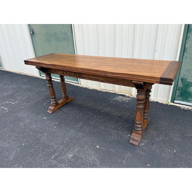Mid 20th Century Rustic Tavern Oak Flip Top Dining Console Table For Sale - Image 5 of 12