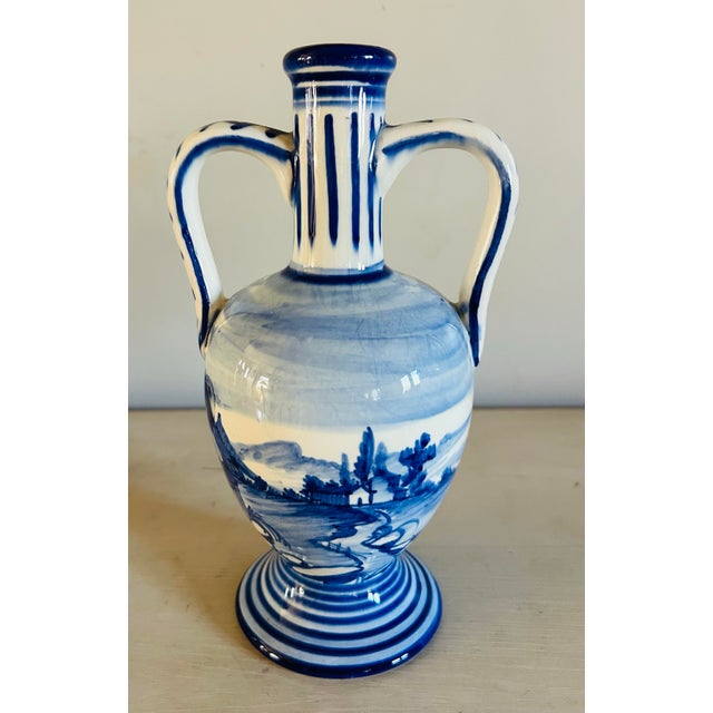Mid-Century Modern Vintage Mid Century Marmaca Blue & White Hand Painted Pottery Vase For Sale - Image 3 of 8