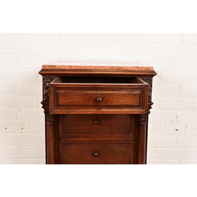 Antique Italian Renaissance Revival Carved Walnut and Marble Top Bedside Chest, Circa 1880s For Sale In South Bend - Image 6 of 12