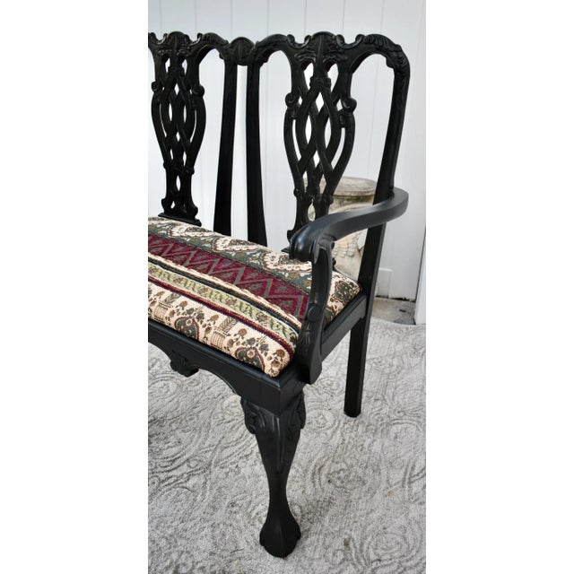 Black Vintage Chippendale Style Bench Settee Carved Fretwork Black Two Seater Chair For Sale - Image 8 of 13