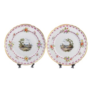 German Porcelain Plates with Hand Painted Landscapes from O.F.L., 19th Century, Set of 2 For Sale