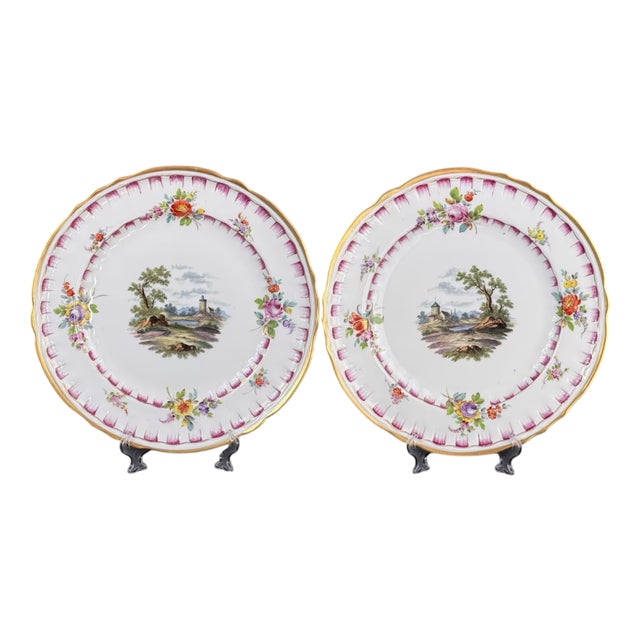 German Porcelain Plates with Hand Painted Landscapes from O.F.L., 19th Century, Set of 2 For Sale