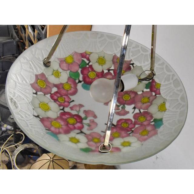 Loys Lucha French Art Deco Pendant Light 1930s - Enameled Pink Floral Bowl For Sale - Image 11 of 13