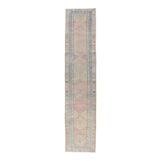 Turkish Oushak Runner in Soft Taupe With Faded Rose, Pale Blue, and Cream Accent For Sale