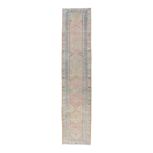 Turkish Oushak Runner in Soft Taupe With Faded Rose, Pale Blue, and Cream Accent For Sale
