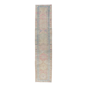 Turkish Oushak Runner in Soft Taupe With Faded Rose, Pale Blue, and Cream Accent