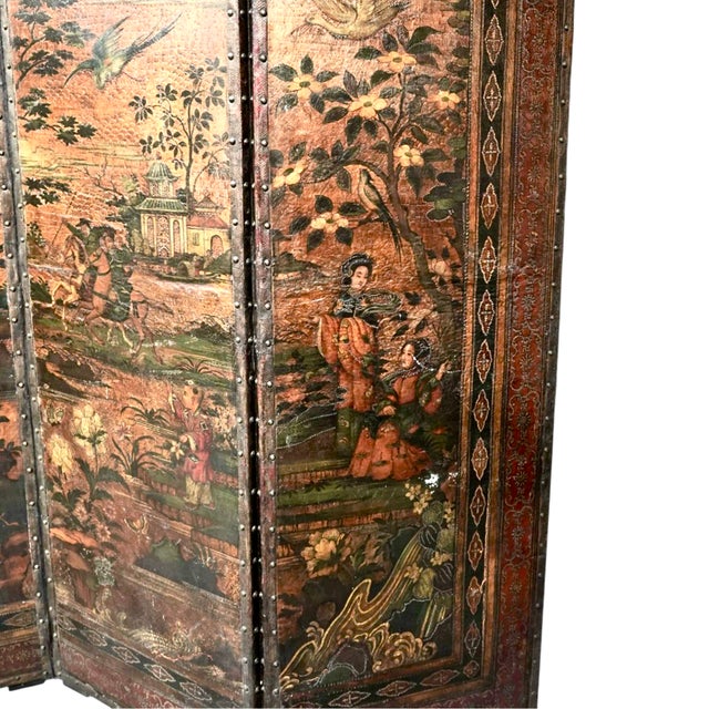 19th Century Chinoiserie Folding Screen, Hand-Painted Leather For Sale - Image 4 of 10