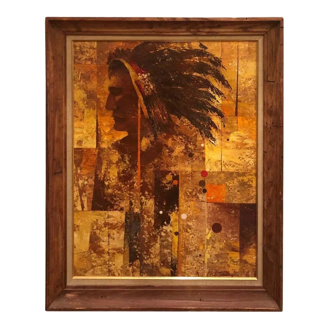 1970s Mid Century Oil on Board of an Indian Warrior For Sale