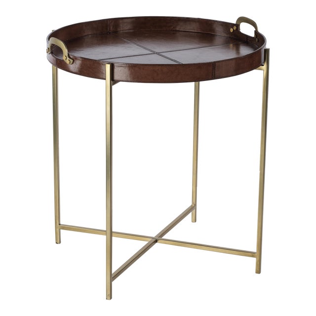 Harlow Leather with Brass Handles Round Tray on Stand, Tan For Sale