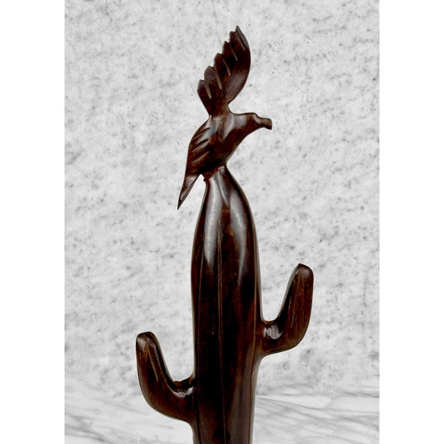 Vintage Southwestern Carved Wood Bird & Cactus Sculpture For Sale - Image 4 of 10