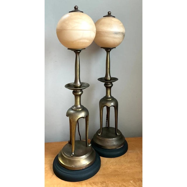 Vintage Brass and Alabaster Table Lamps - Pair For Sale - Image 10 of 12