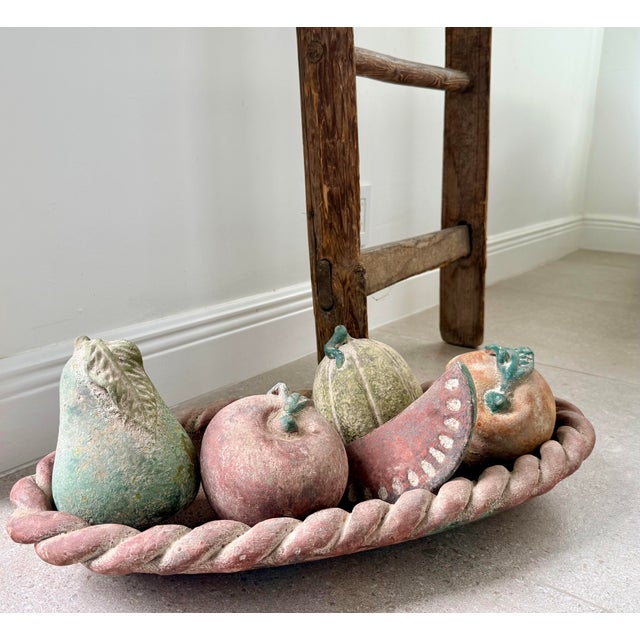 1970’s Vintage Monumental Mexican Folk Art Hand-Painted Terracotta Clay Fruit in Braided Oval Bowl, Centerpiece - Set of 6 For Sale - Image 12 of 12