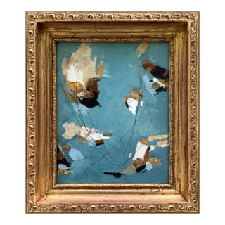 Contemporary Blue "Feathers" Abstract Oil Painting in Vintage Frame For Sale