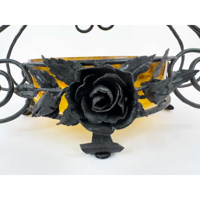Art Deco Signed Degué Art Deco Marbled Glass Centerpiece Bowl in Wrought Iron Mount, France 1930s For Sale - Image 3 of 18