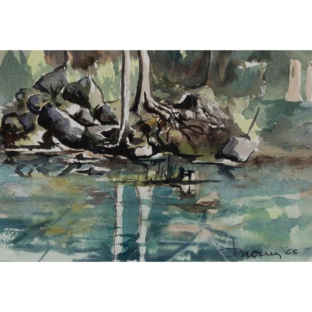 Jacques Noury, Trees Along the Riverbank, Watercolor For Sale - Image 4 of 6