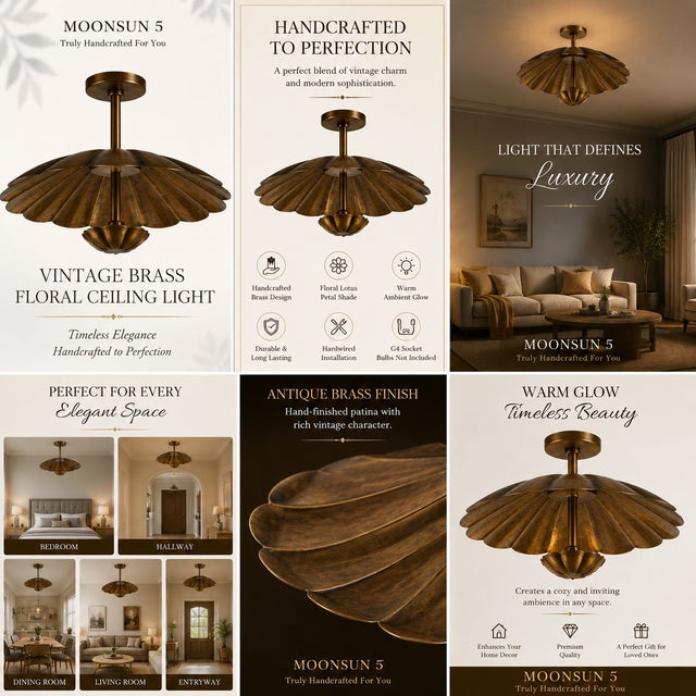 Vintage Brass Floral Ceiling Light, Handmade Lotus Petal Semi Flush Mount Fixture, Antique Brass Scalloped Ceiling Lamp for Bedroom Hallway For Sale - Image 12 of 15