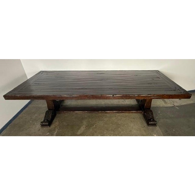 Spanish Revival Monumental Spanish Revival Carved Trestle Dining Table, Early 20th Century For Sale - Image 3 of 17