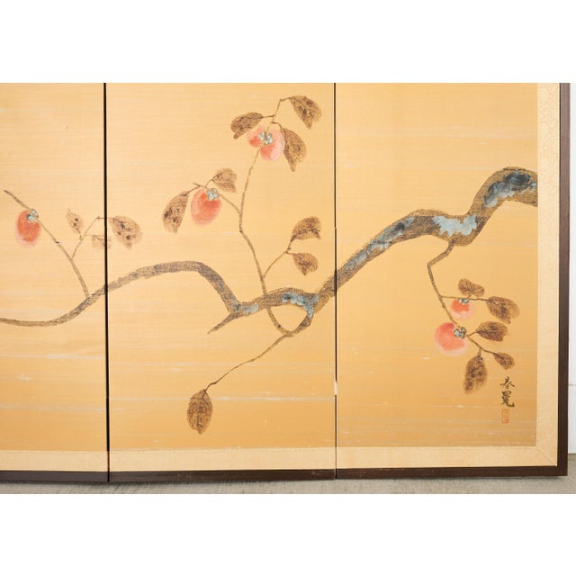 Japanese Showa Four Panel Screen Persimmon Branch in Snow For Sale - Image 13 of 18