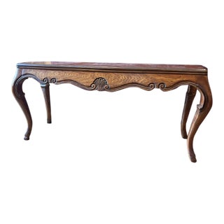 Heritage Furniture Walnut Console Table With Matching Upholstered Settee For Sale